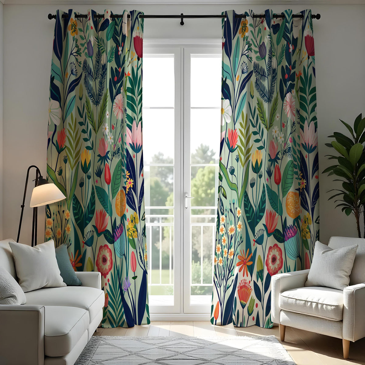 Vibrant Flower & Leaf Curtains, Colorful Botanical Drapes