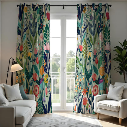 Vibrant Flower & Leaf Curtains, Colorful Botanical Drapes