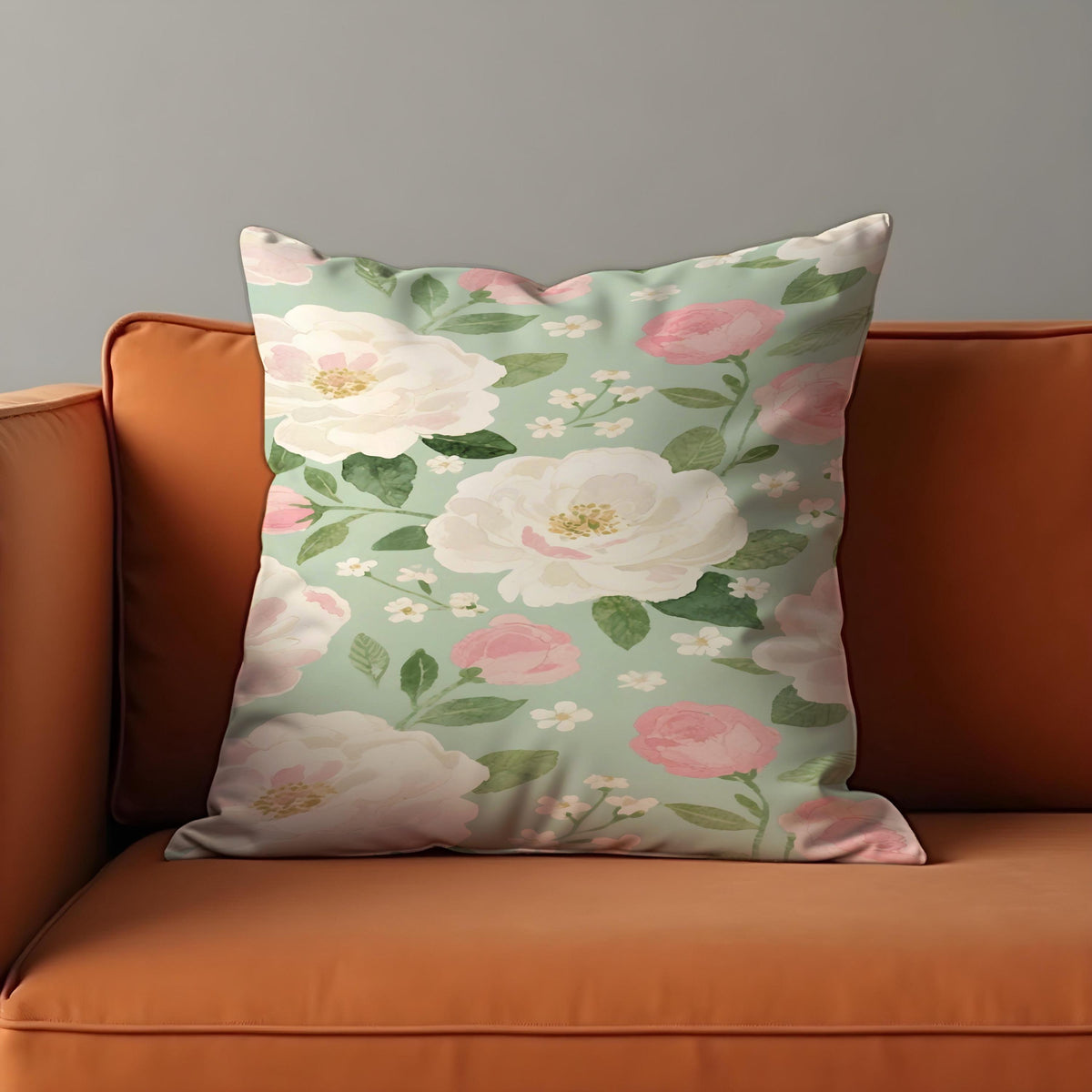 Watercolour Rose Cushion Cover, Sage Green Pillow Case
