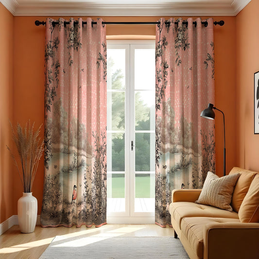 Pink Toile Curtains, French Country Bird & Floral Drapes