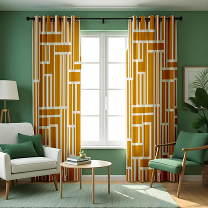 Mustard Yellow Geometric Curtains, Abstract Eyelet Drapes