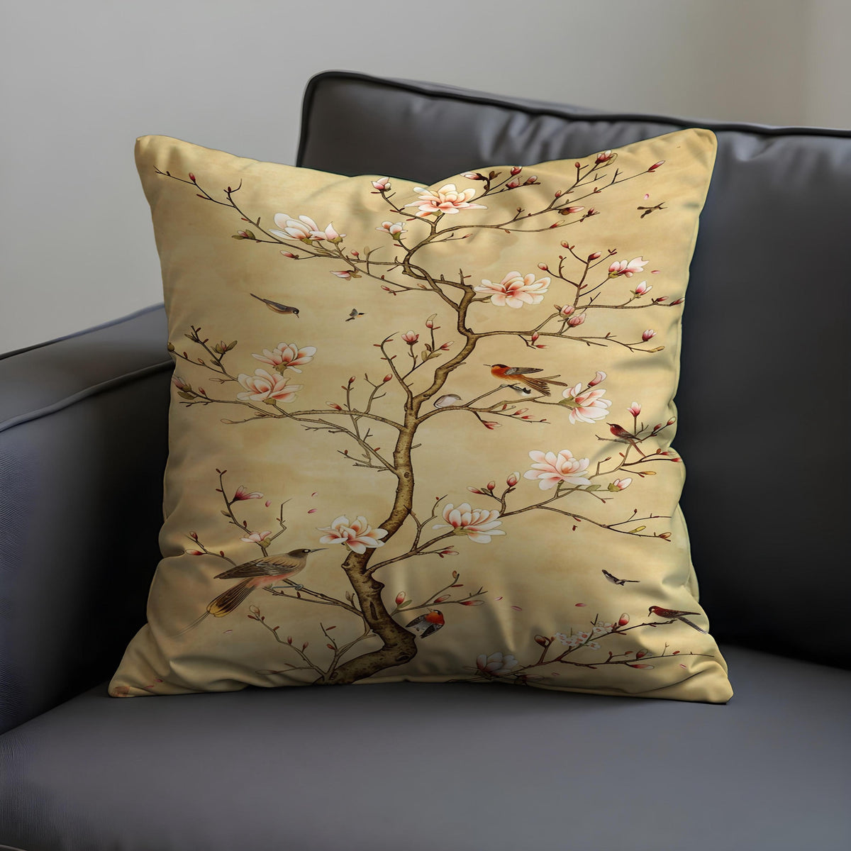 Blossom Bird Cushion Cover, Oriental Floral Pillow Case