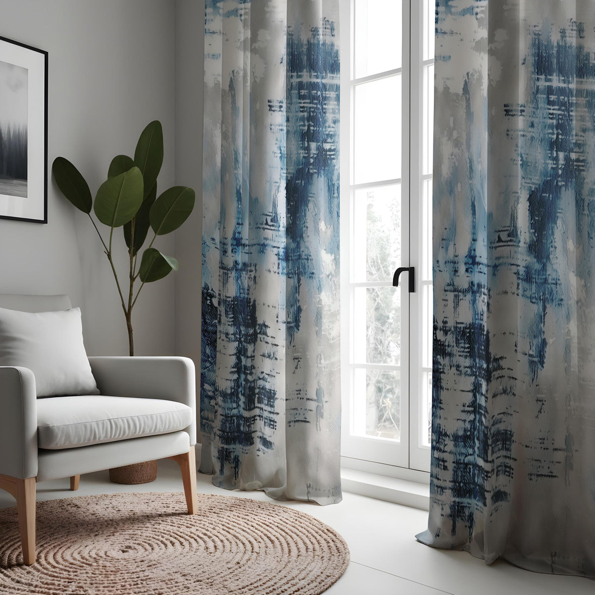 Blue Brushstroke Art Curtains, Contemporary Abstract Drapes