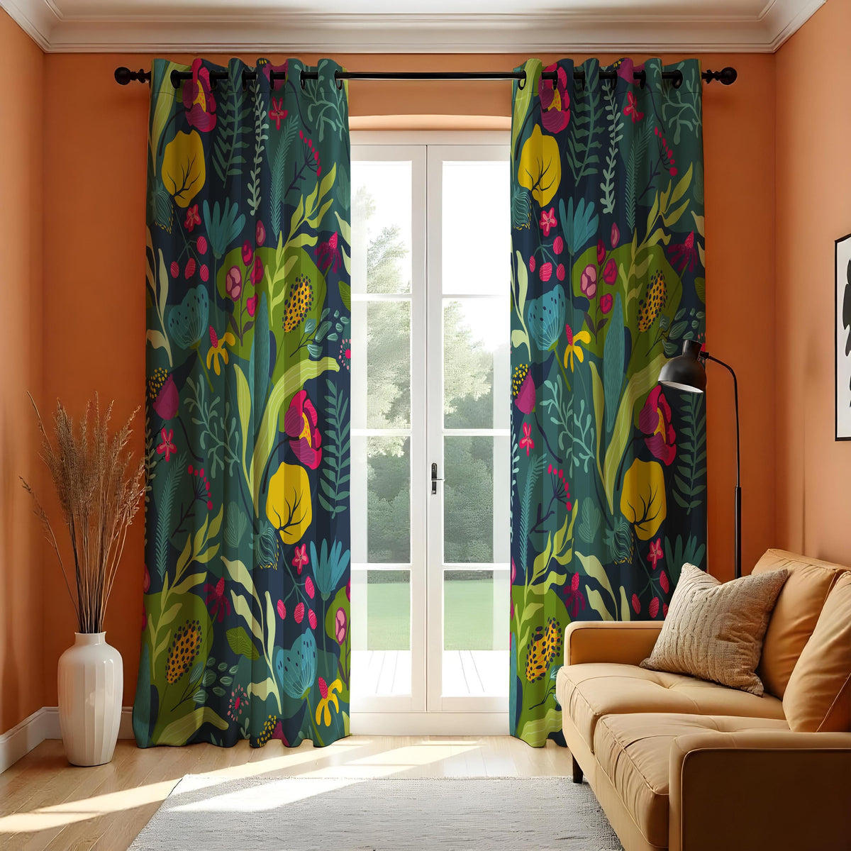 Teal Tropical Botanical Curtains, Jungle Leaf Floral Drapes