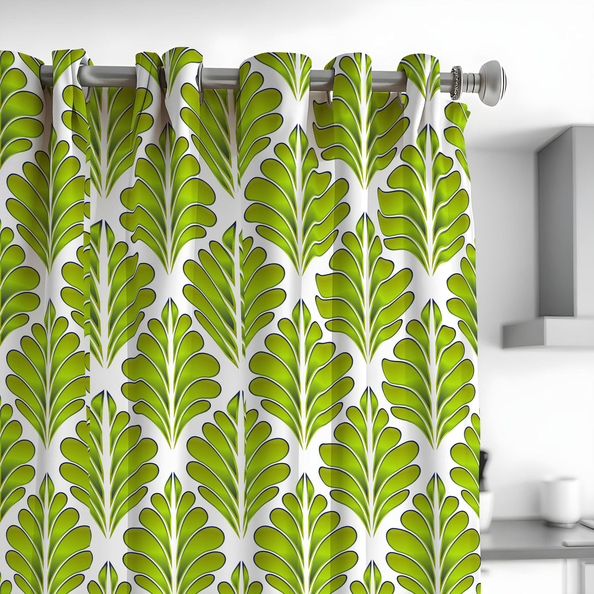 Green Retro Leaf Curtains, Modern Botanical Custom Drapes