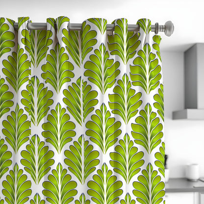 Green Retro Leaf Curtains, Modern Botanical Custom Drapes