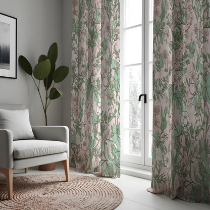 Green & Beige Botanical Line Art Curtains, Leaf Print Drapes