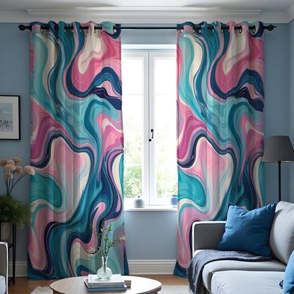 Pink Blue Fluid Marble Curtains, Colorful Abstract Drapes