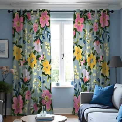 Yellow & Pink Watercolor Floral Curtains, Botanical Drapes