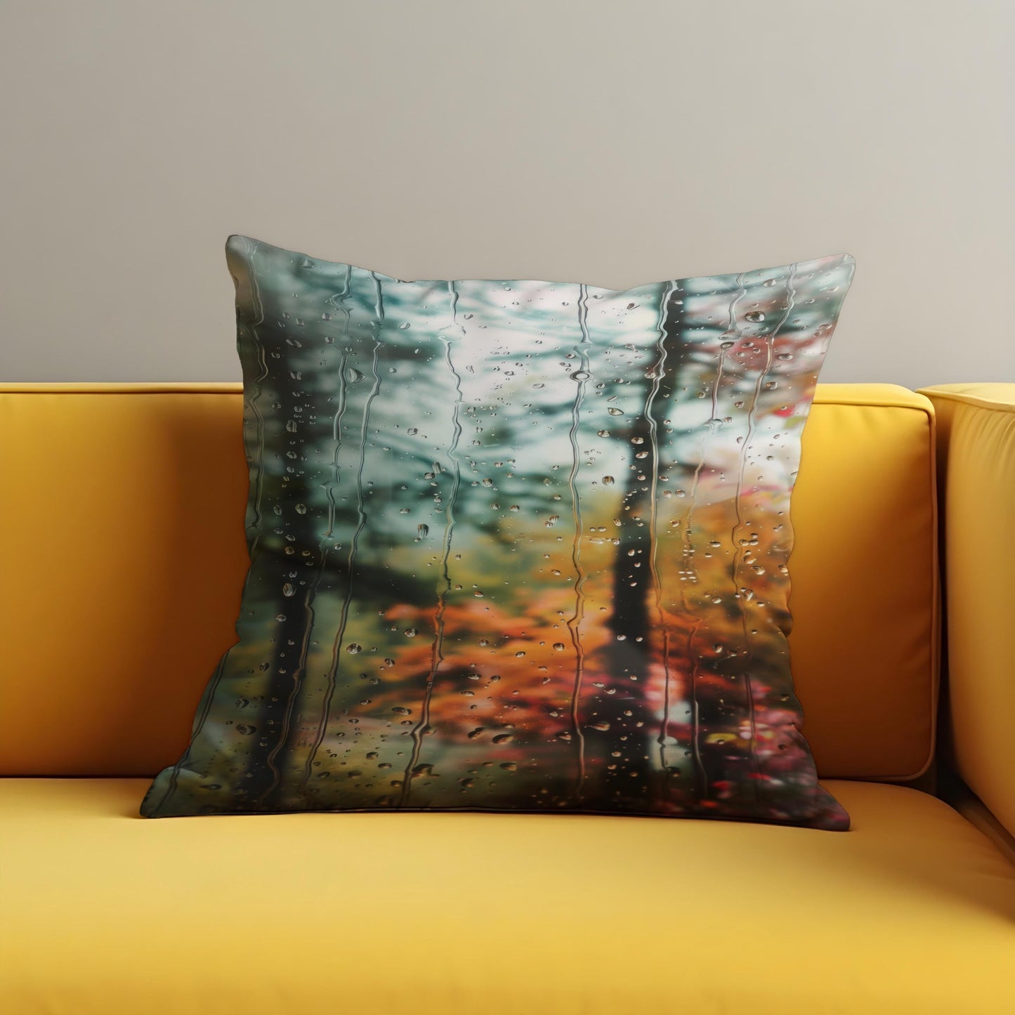Rainy Window Forest Cushion Cover, Moody Autumn Throw Pillow Cover