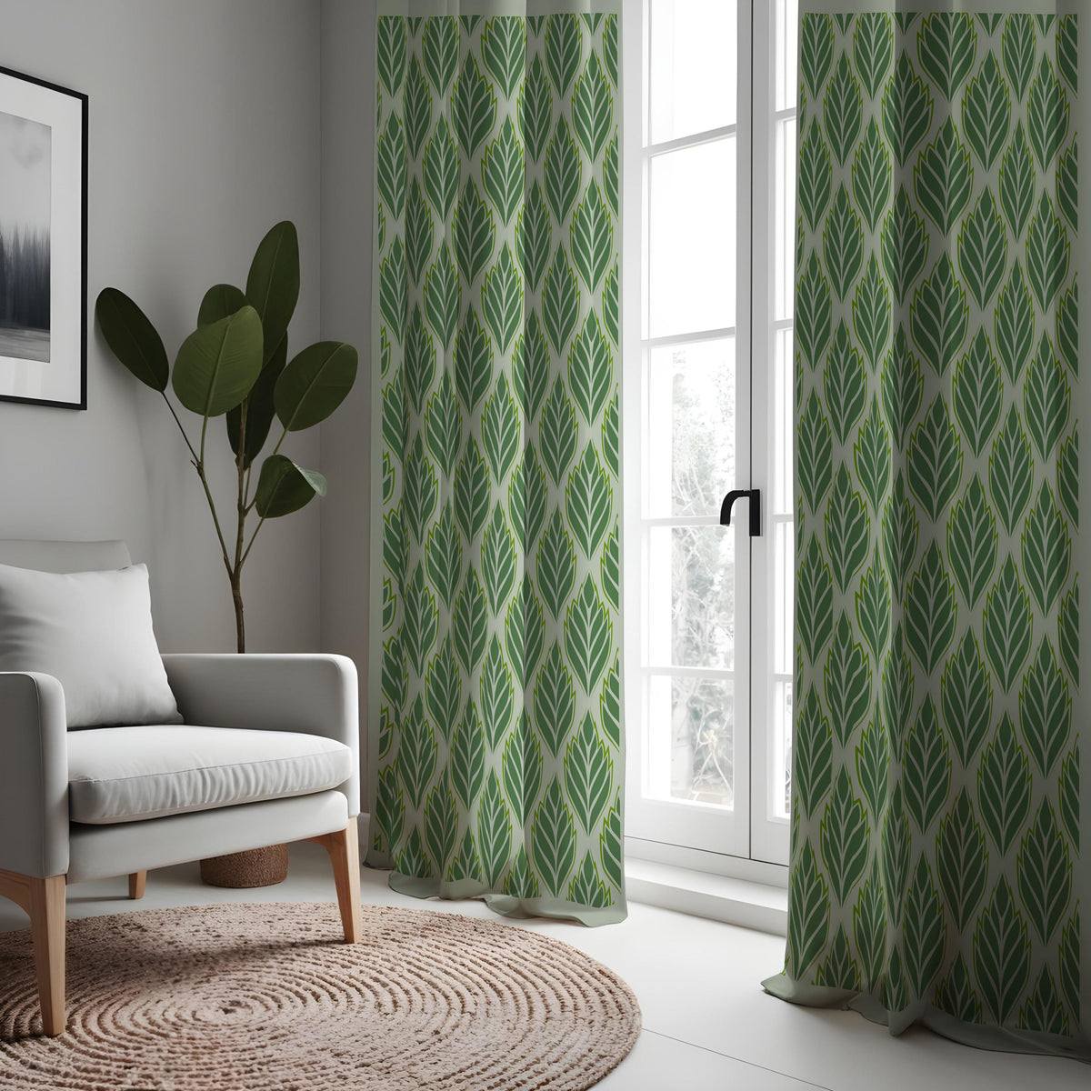 Green Leaf Pattern Curtains, Modern Botanical Custom Drapes