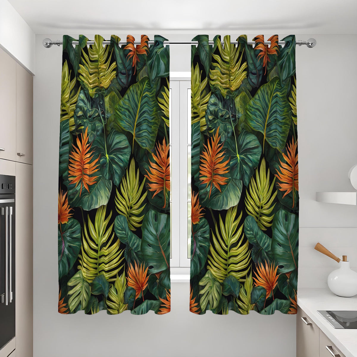 Deep Green & Orange Rainforest Curtains, Tropical Drapes