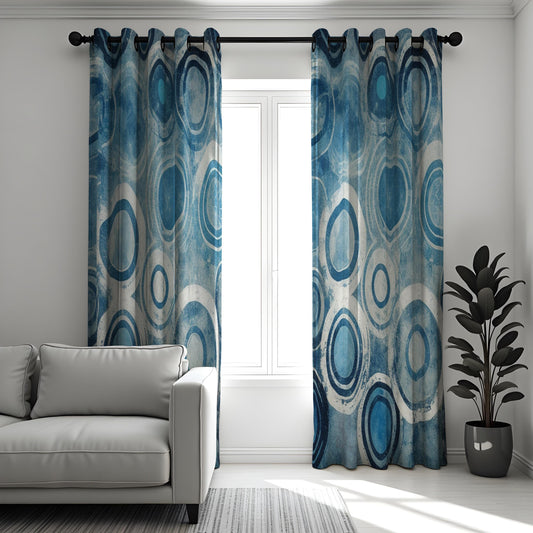 Blue Retro Circle Curtains, Mid Century Geometric Drapes