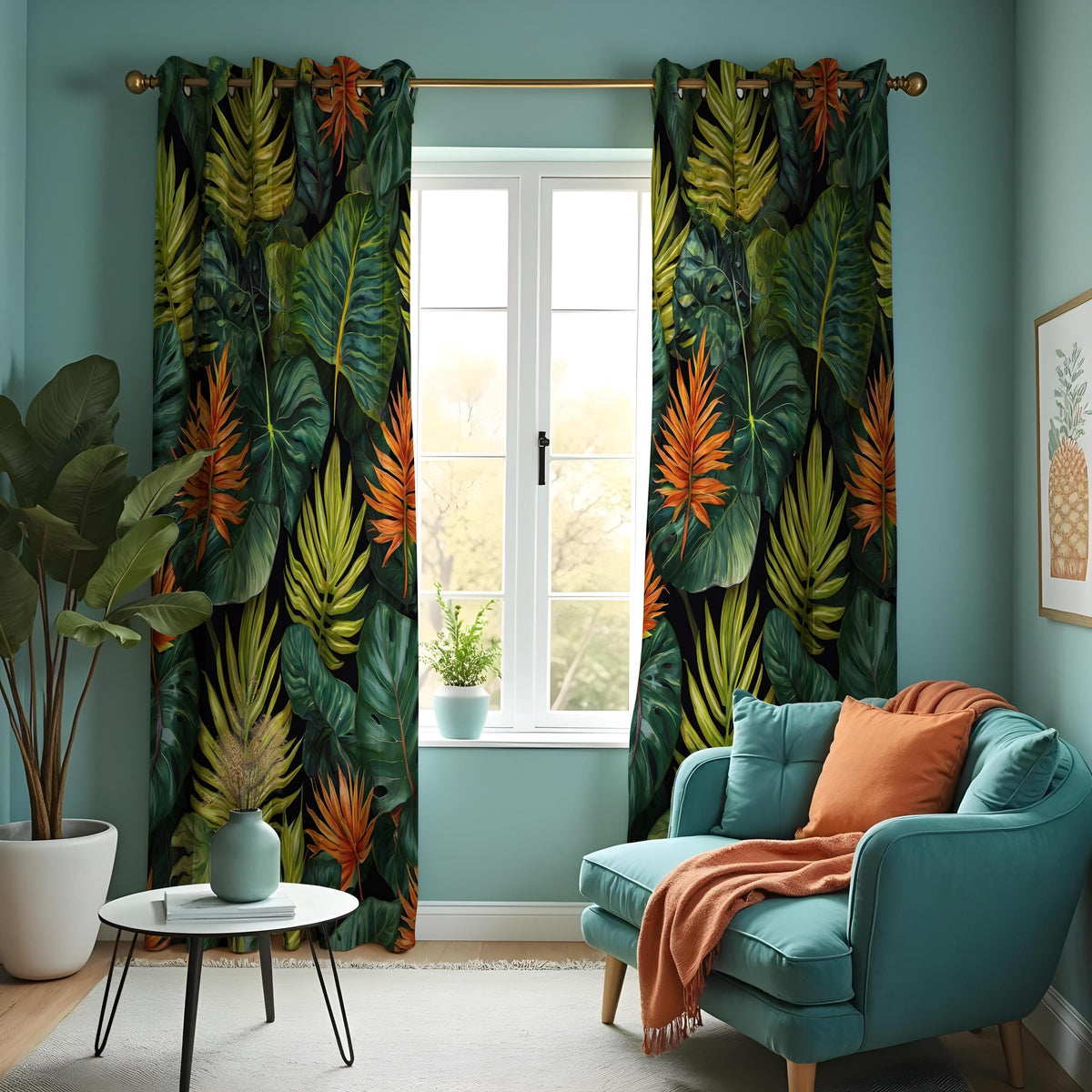 Deep Green & Orange Rainforest Curtains, Tropical Drapes