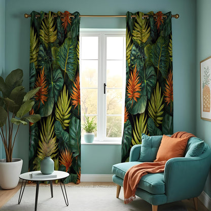 Deep Green & Orange Rainforest Curtains, Tropical Drapes