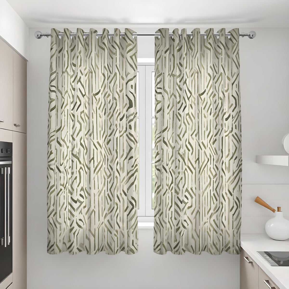 Beige & Green Geometric Curtains, Contemporary Drapes