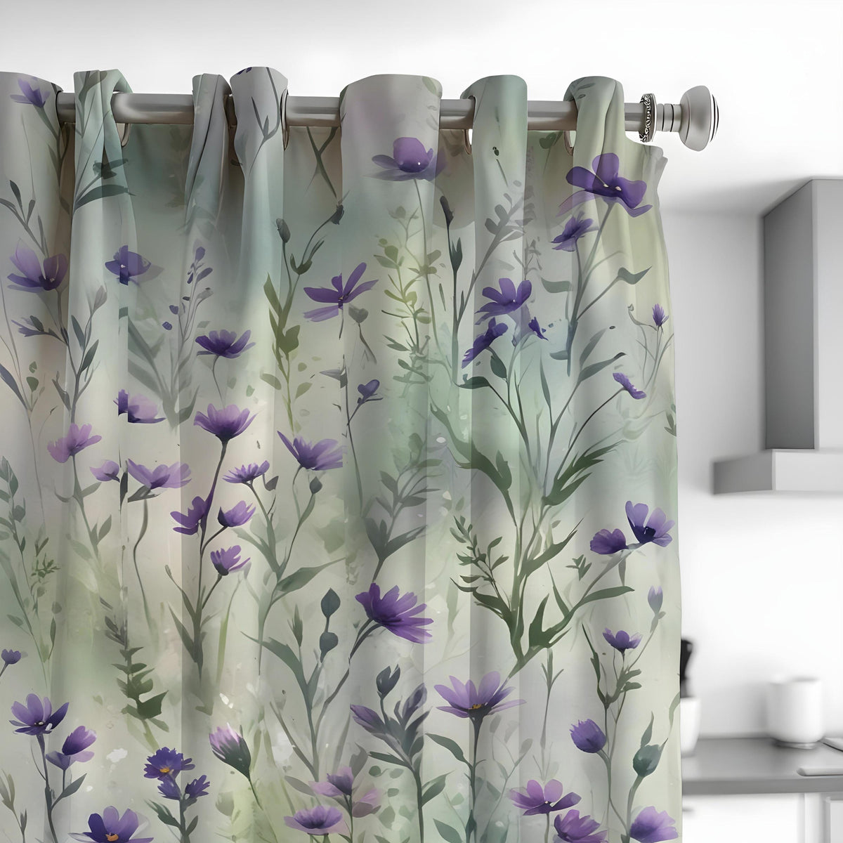 Green Leaf Curtains, Purple Bloom Botanical Print Drapes