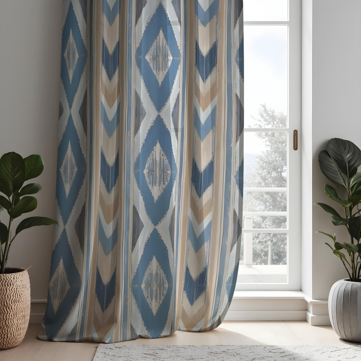 Blue Tan Ikat Curtains, Boho Geometric Custom Drapes