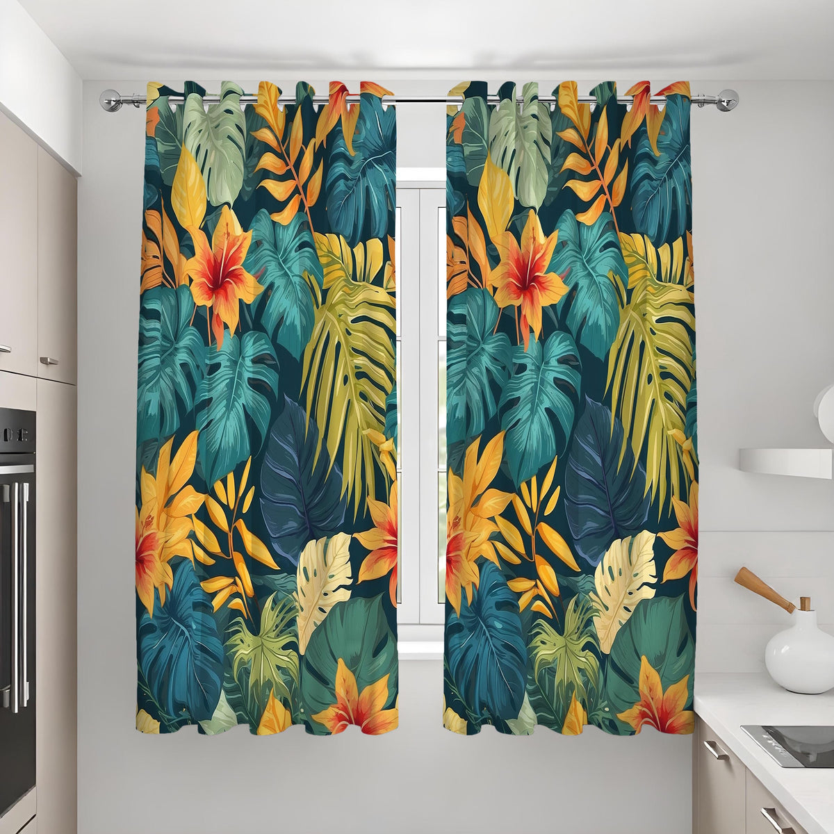 Dark Jungle Monstera Palm Curtains, Tropical Leaf Drapes