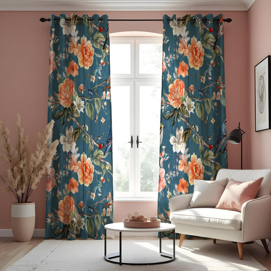 Teal Floral Curtains, Orange Peony Botanical Drapes
