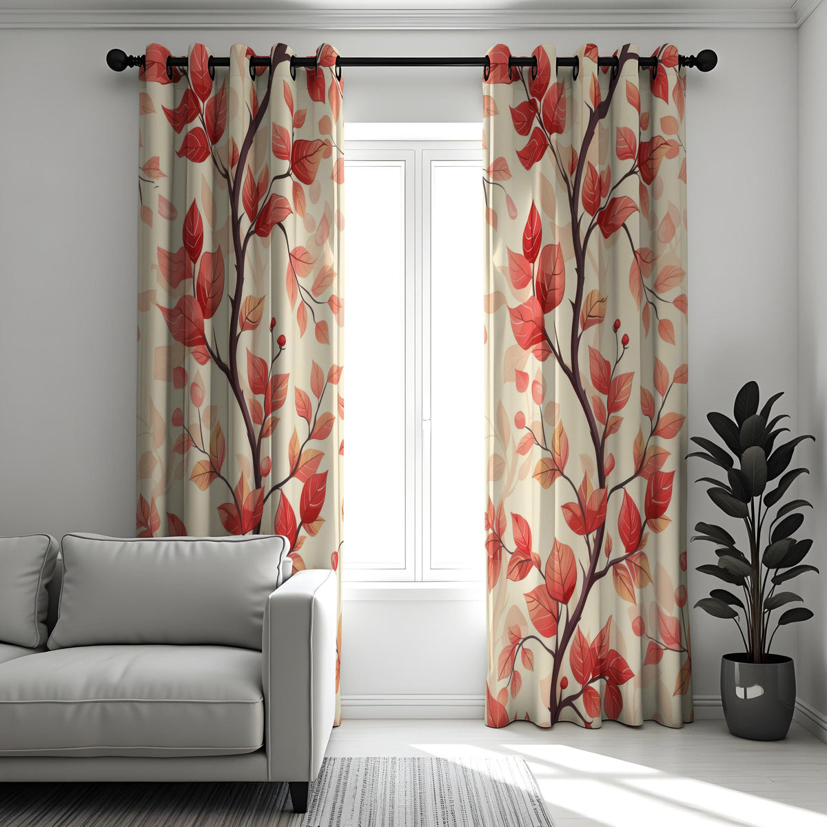 Red Autumn Leaf Curtains, Warm Fall Botanical Drapes