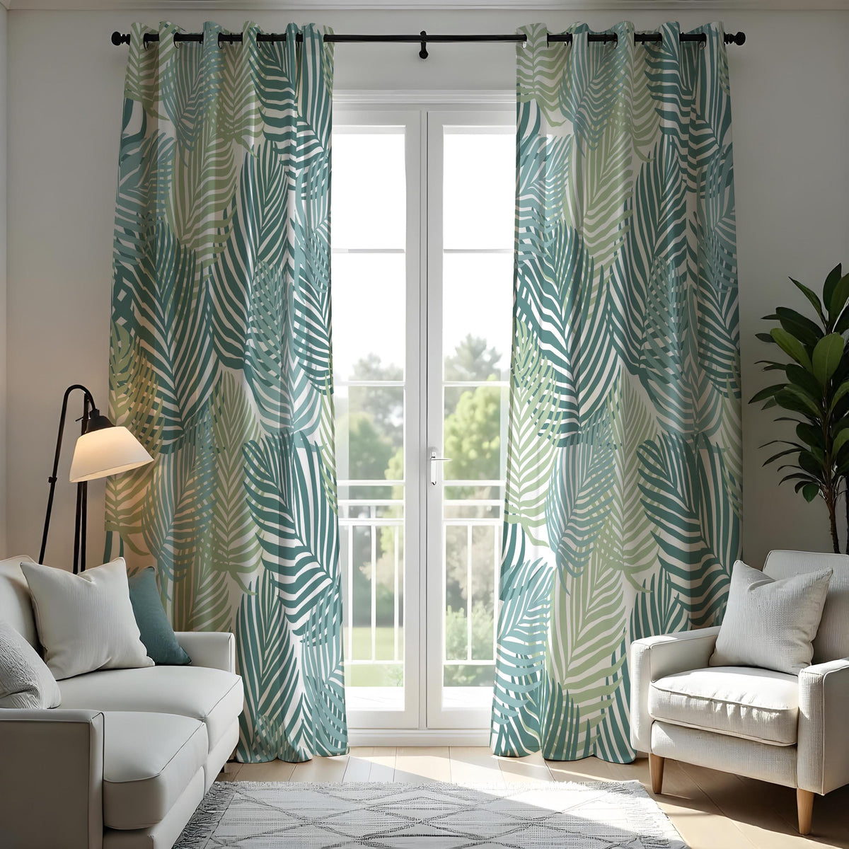 Teal & Sage Palm Leaf Curtains, Tropical Botanical Drapes