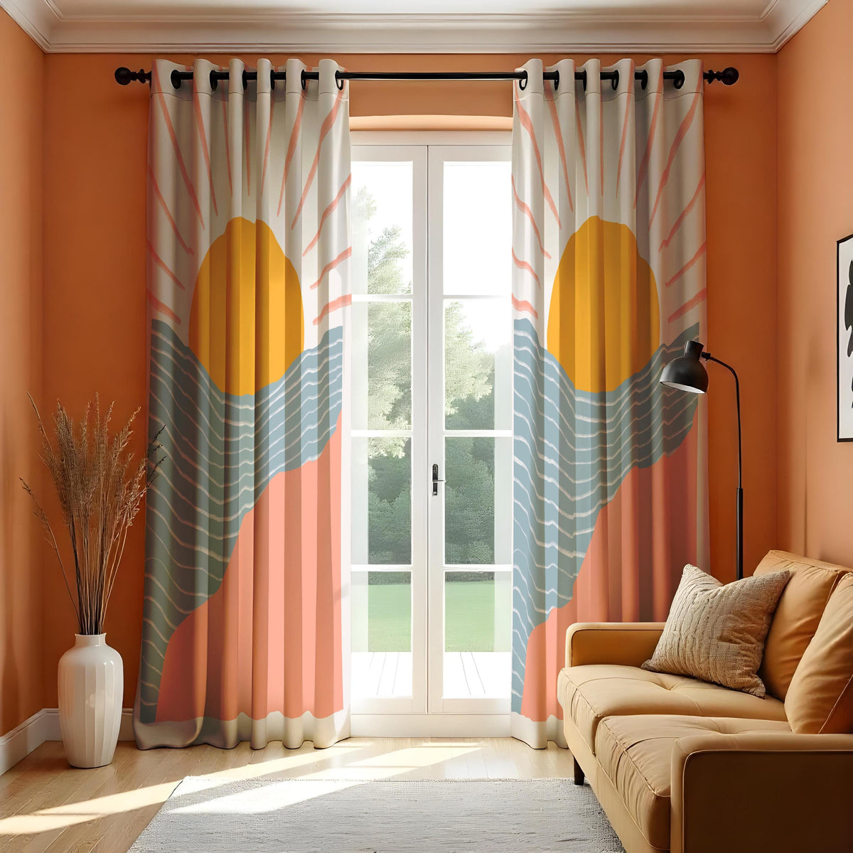 Boho Sunrise Landscape Curtains, Abstract Sun & Wave Drapes