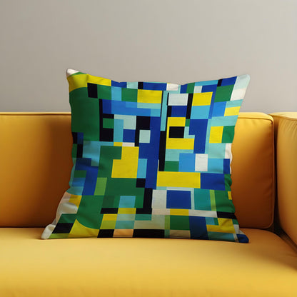 Pixel Art Cushion Cover, Blue Green Grid Pillow Case