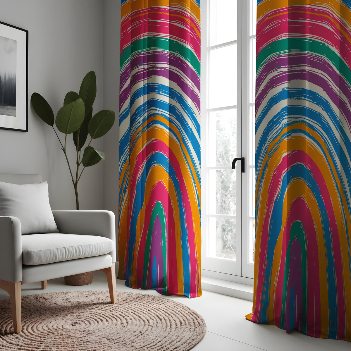 Rainbow Striped Curtains, Boho Paint Stroke Window Drapes