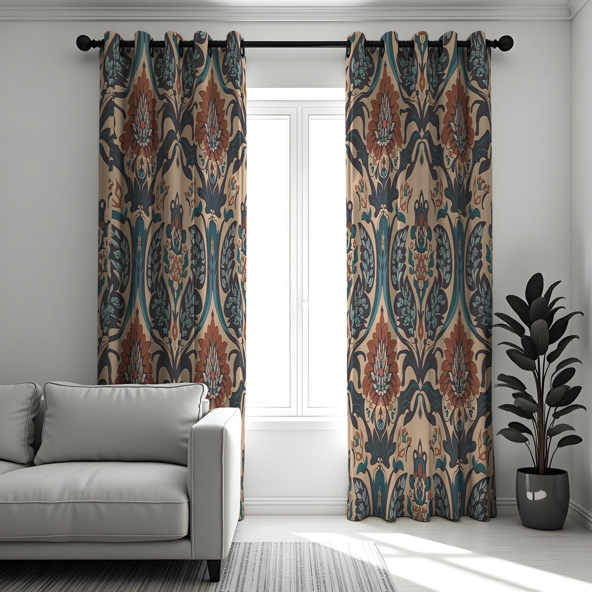 Teal & Rust Damask Floral Curtains, Boho Baroque Drapes