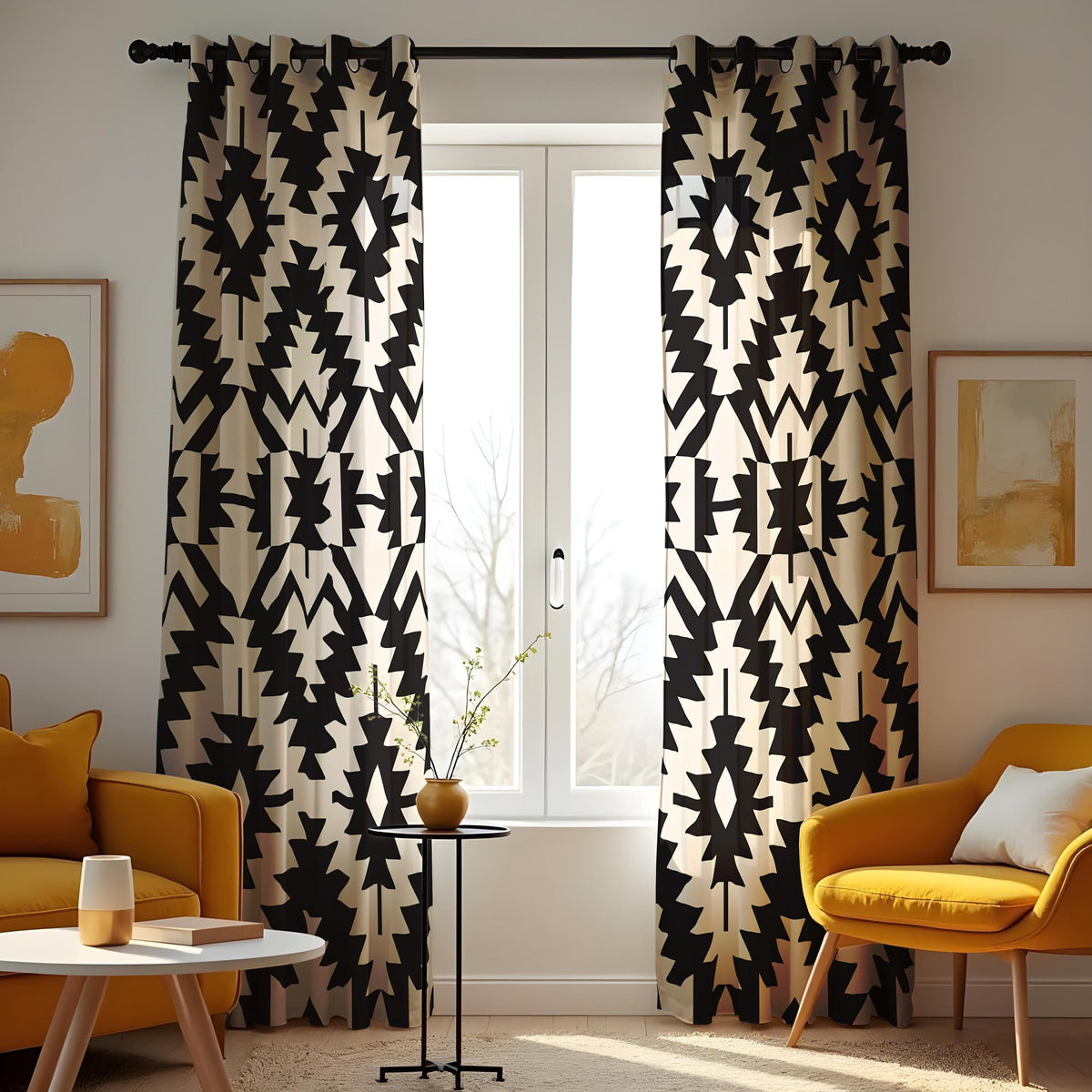 Black and White Aztec Curtains, Monochrome Geometric Drapes
