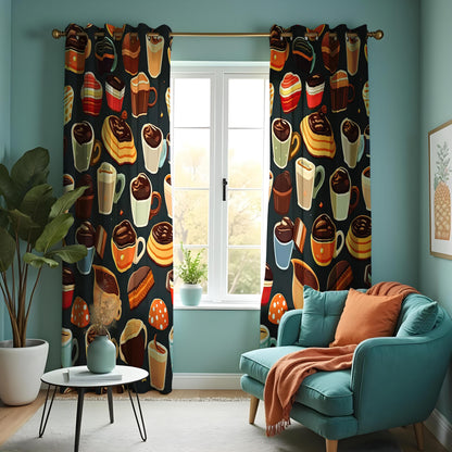 Coffee and Dessert Kitchen Curtains, Cafe Pastry Print Drapes