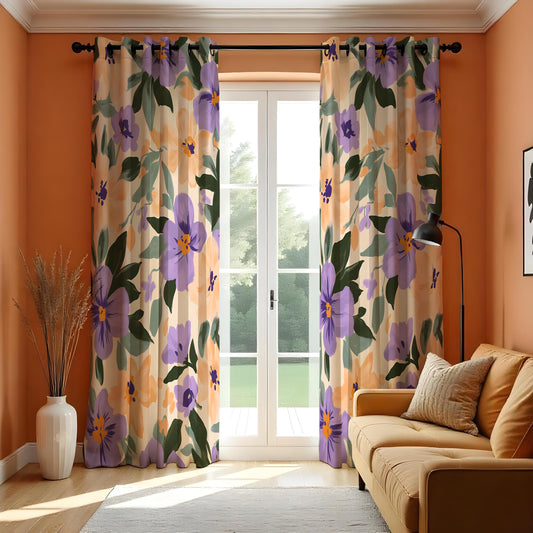 Peach and Purple Floral Curtains, Bold Botanical Drapes