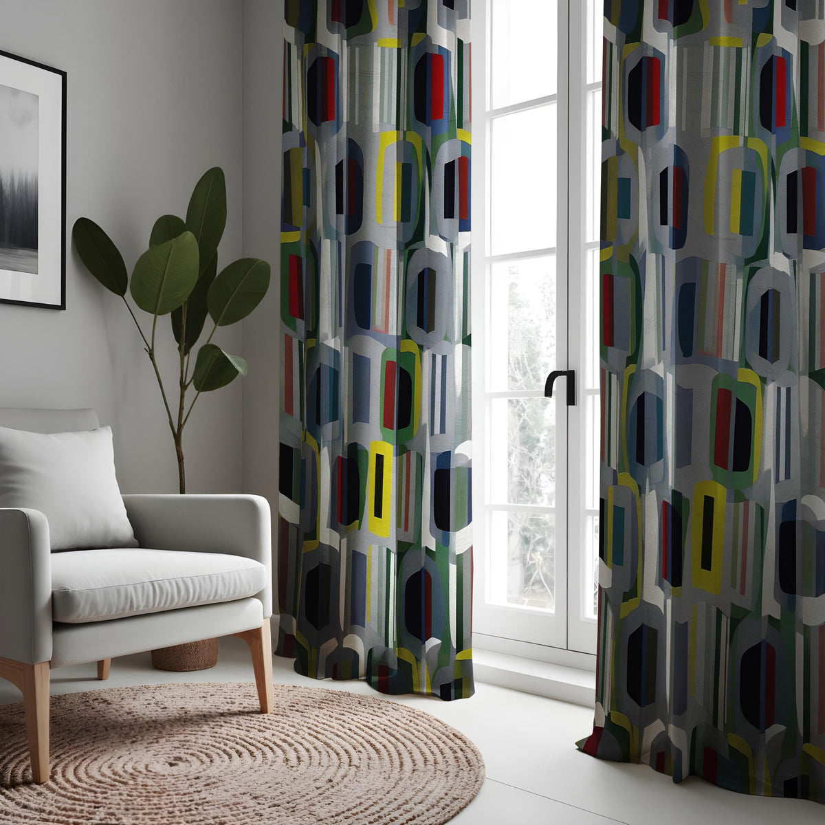 Mid Century Modern Geometric Curtains, Retro Window Drapes