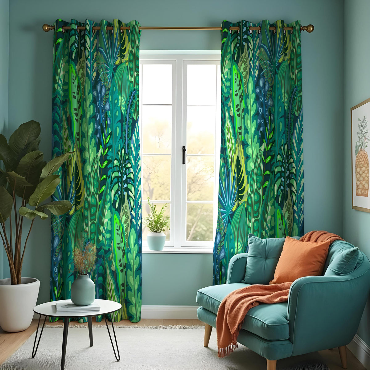 Green Jungle Leaf Curtains, Tropical Botanical Window Drapes