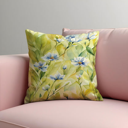 Lemon Yellow Floral Cushion Cover, Soft Blue Flowers Pillow Case