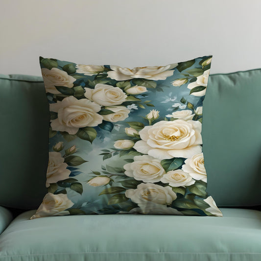 White Rose Floral Cushion Cover, Romantic Pillow Case