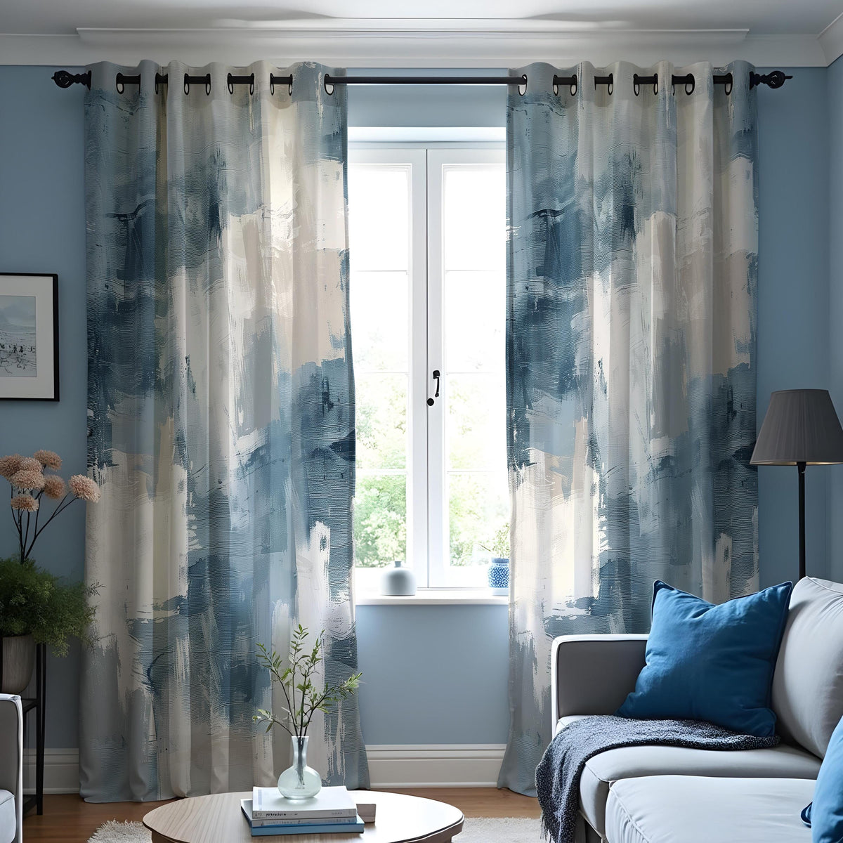 Blue Abstract Brushstroke Curtains, Modern Art Print Drapes