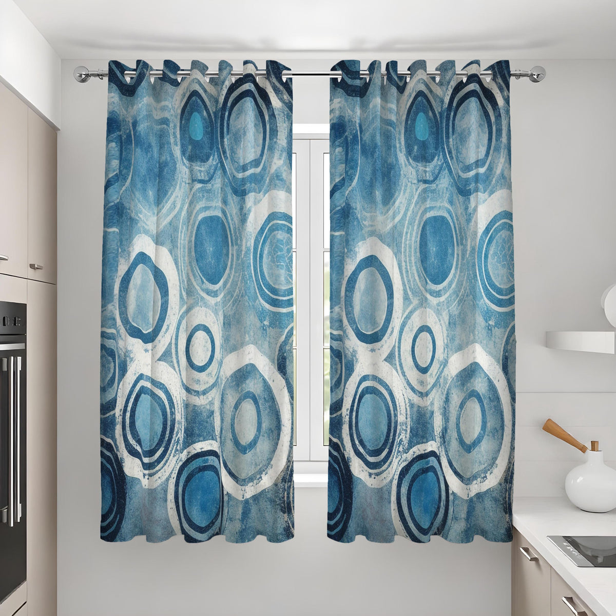 Blue Retro Circle Curtains, Mid Century Geometric Drapes
