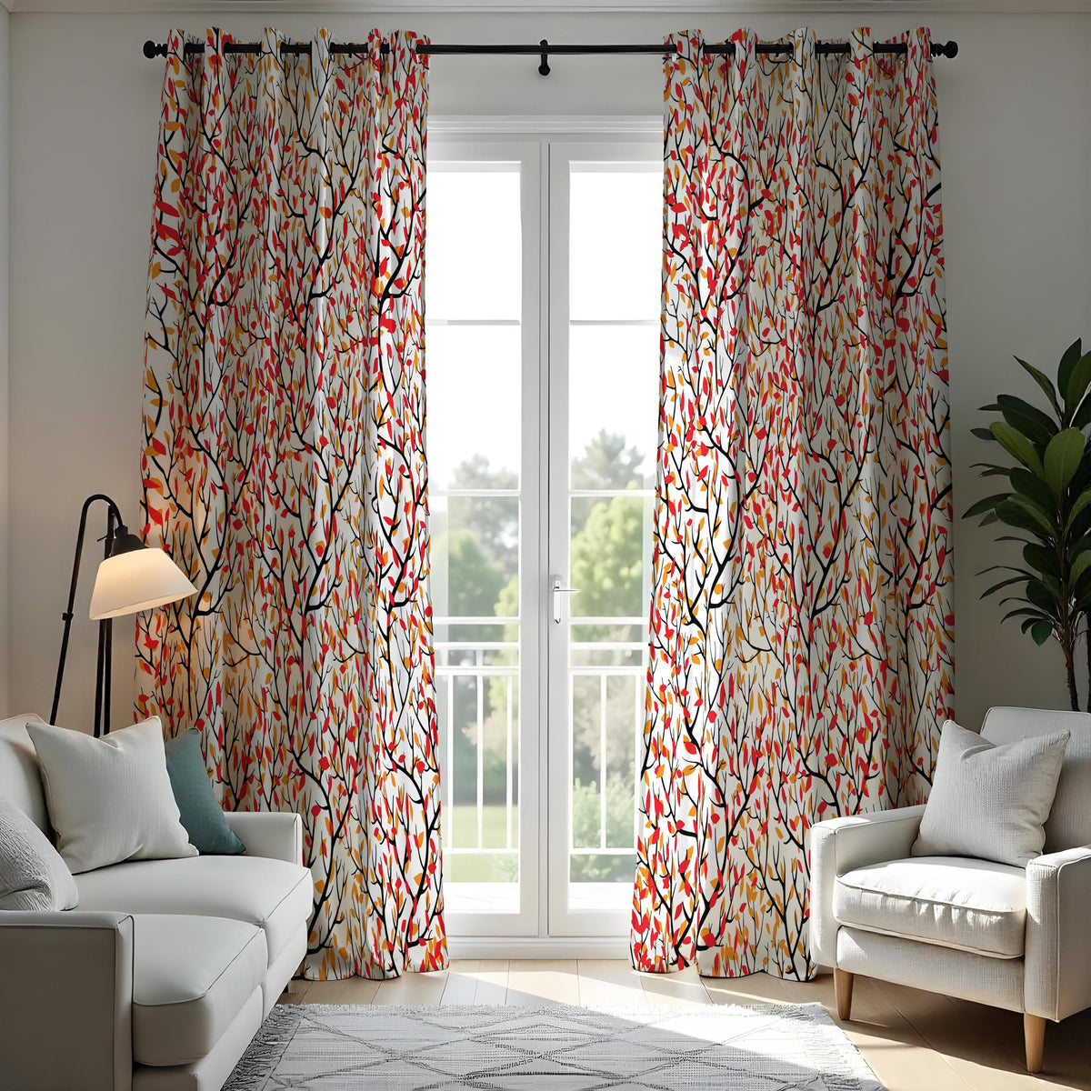 Red Orange Green Leaf Curtains, Colorful Botanical Drapes
