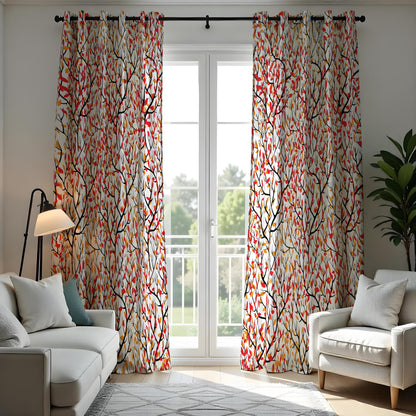 Red Orange Green Leaf Curtains, Colorful Botanical Drapes