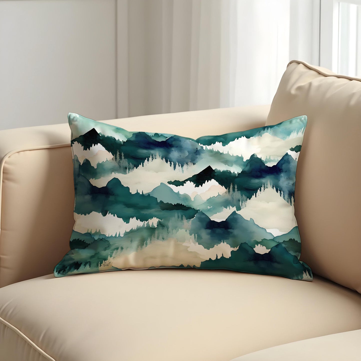 Watercolor Mountain Cushion Cover, Blue Green Forest Landscape Pillow Case
