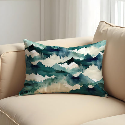 Watercolor Mountain Cushion Cover, Blue Green Forest Landscape Pillow Case