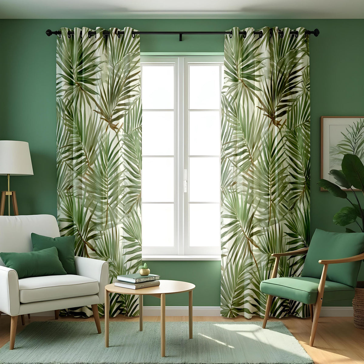 Green Palm Leaf Curtains, Tropical Botanical Window Drapes