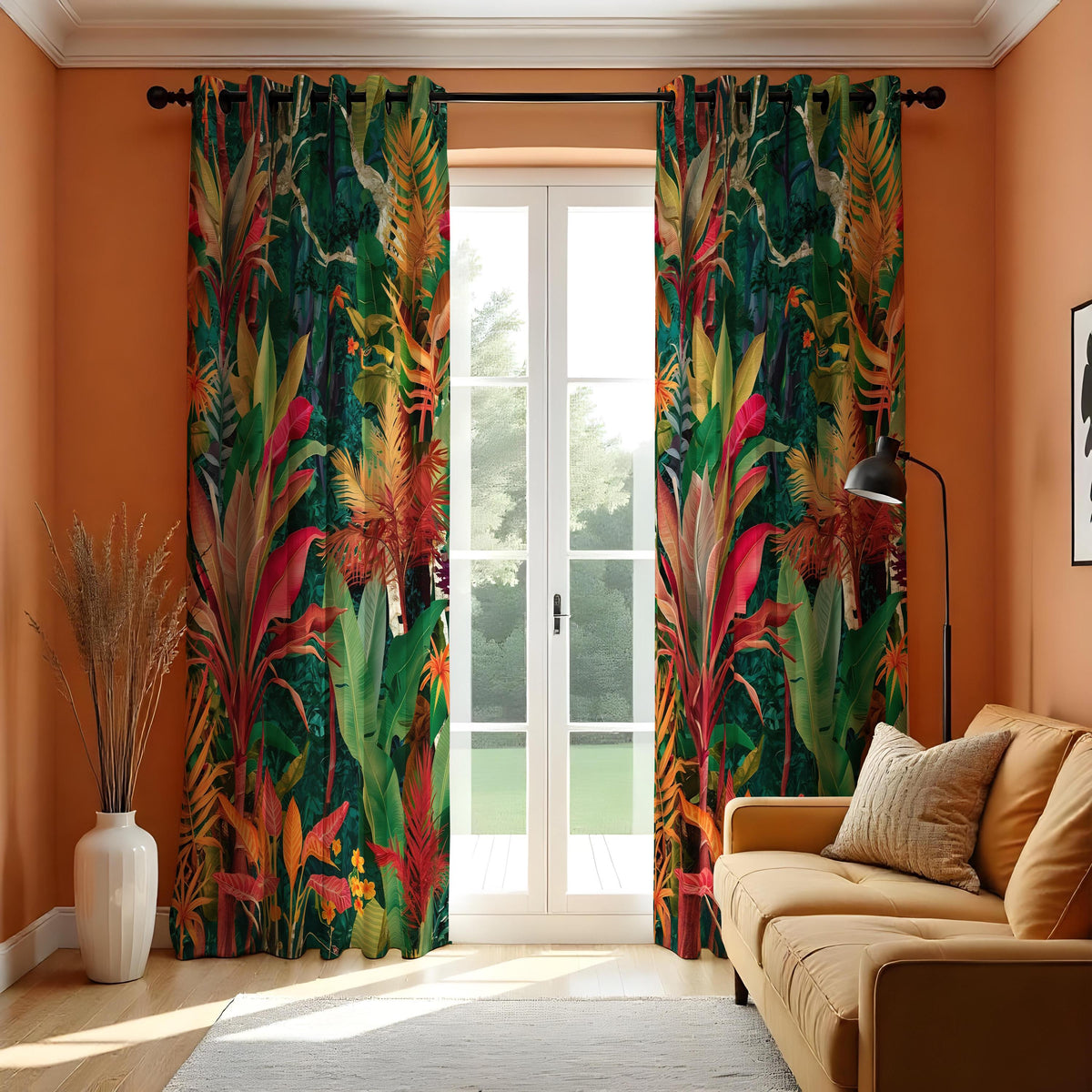 Colorful Jungle Leaf Curtains, Exotic Tropical Drapes