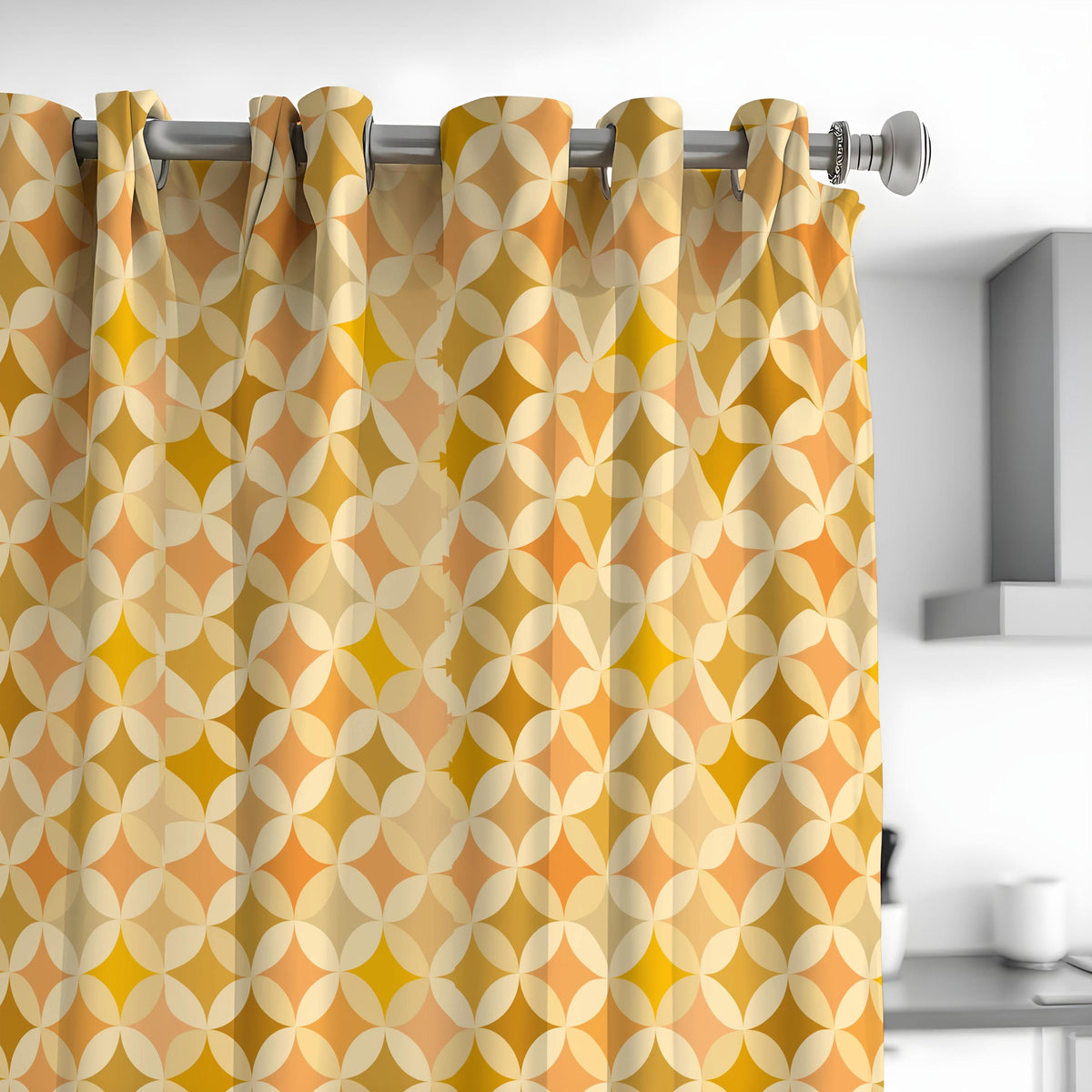 Orange Yellow Geometric Curtains, Mid Century Retro Drapes