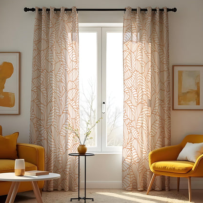 Beige Minimalist Botanical Curtains, Line Leaf Drapes