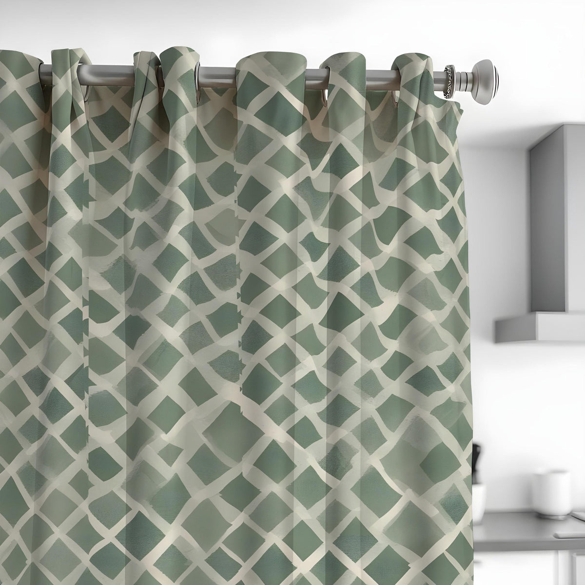 Sage Green Lattice Curtains, Geometric Neutral Drapes