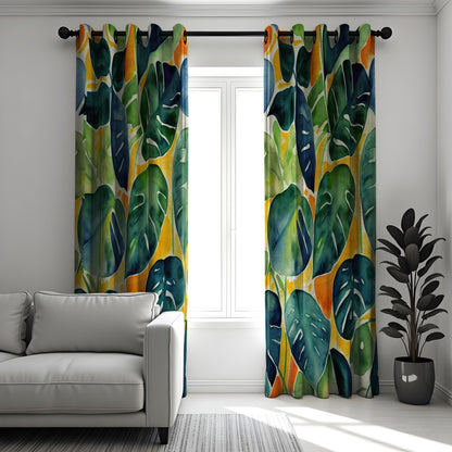 Green Monstera Leaf Curtains, Watercolor Tropical Drapes