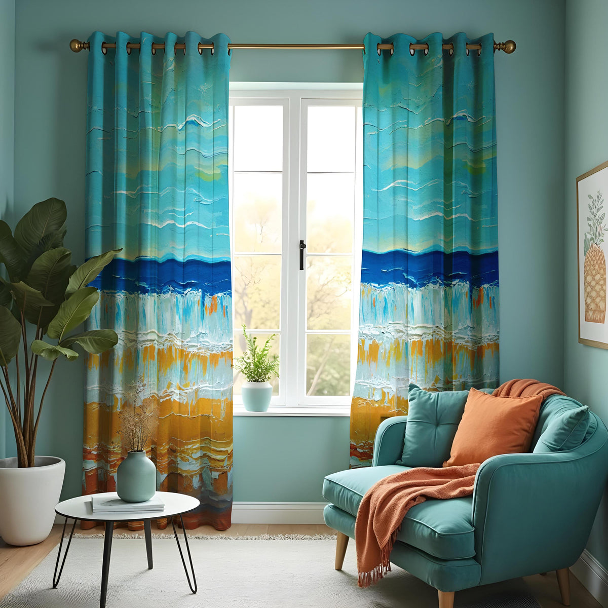 Ocean Sunset Beach Curtains, Coastal Nautical Window Drapes